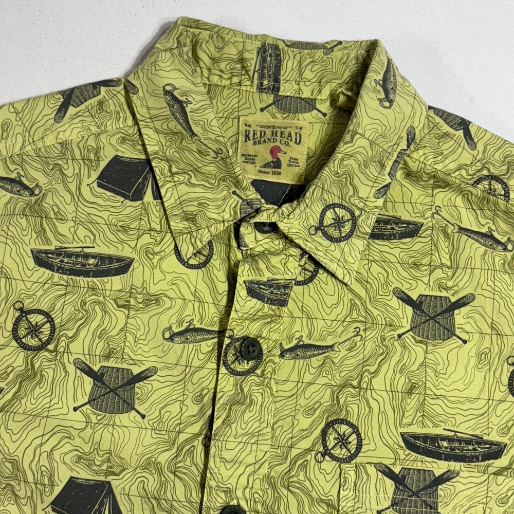 RedHead Fishing Camping Shirt Men Large Green Topo Map Print Short Sleeve Button